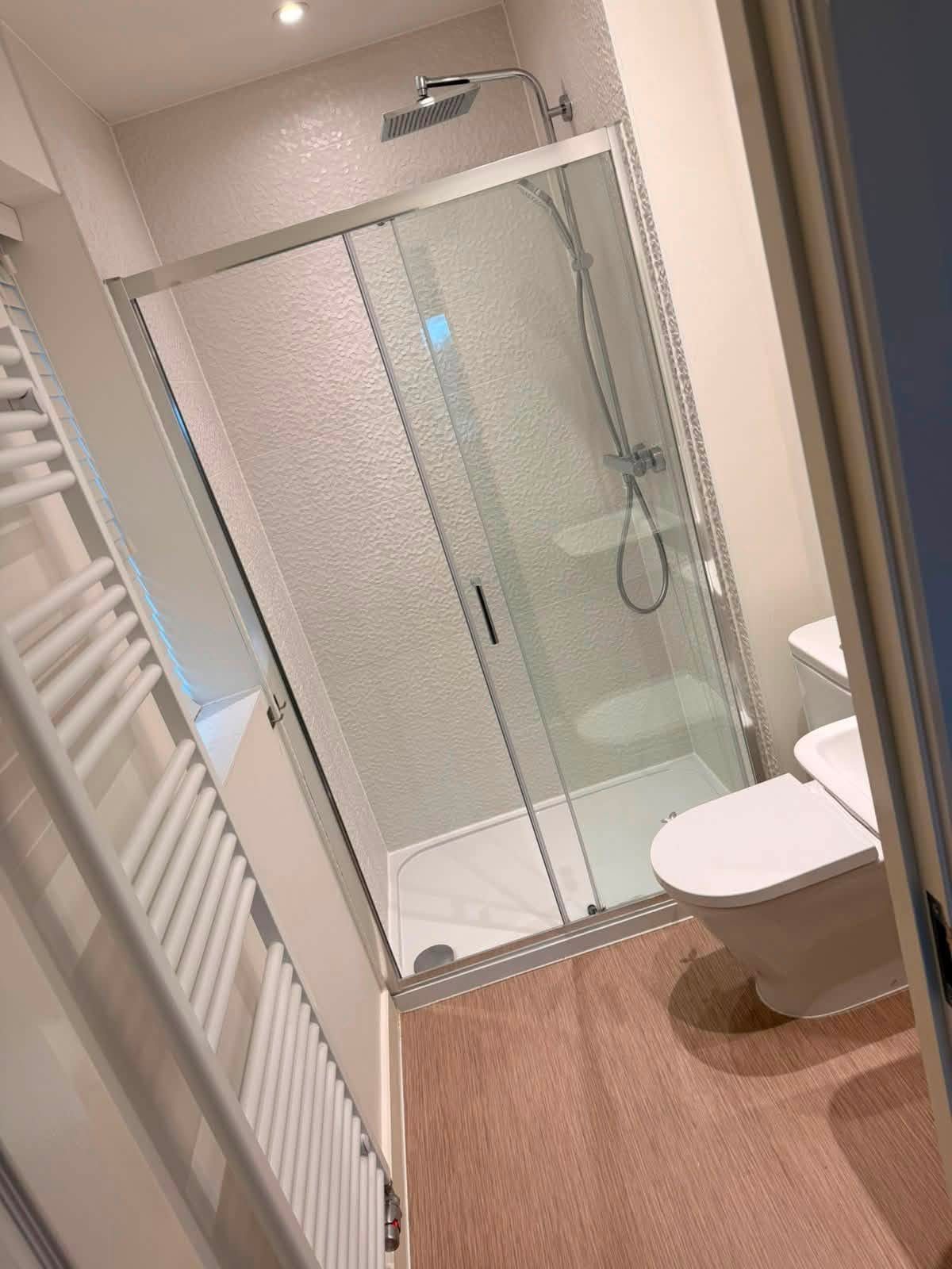 Completed shower room with rainfall shower, toilet and towel radiator