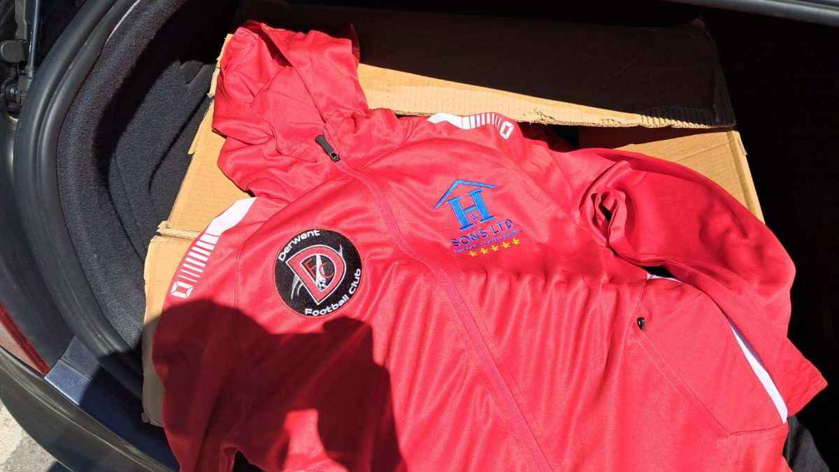 Derwent FC sponsored jacket with Hardy and Sons branding
