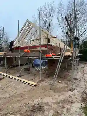 Wall plate and upper blockwork viewed from the garage scaffold