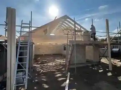 Timber trusses installed for the detached garage build by Hardy and Sons