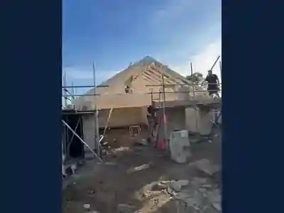 Roof trusses and blockwork for the detached garage build by Hardy and Sons