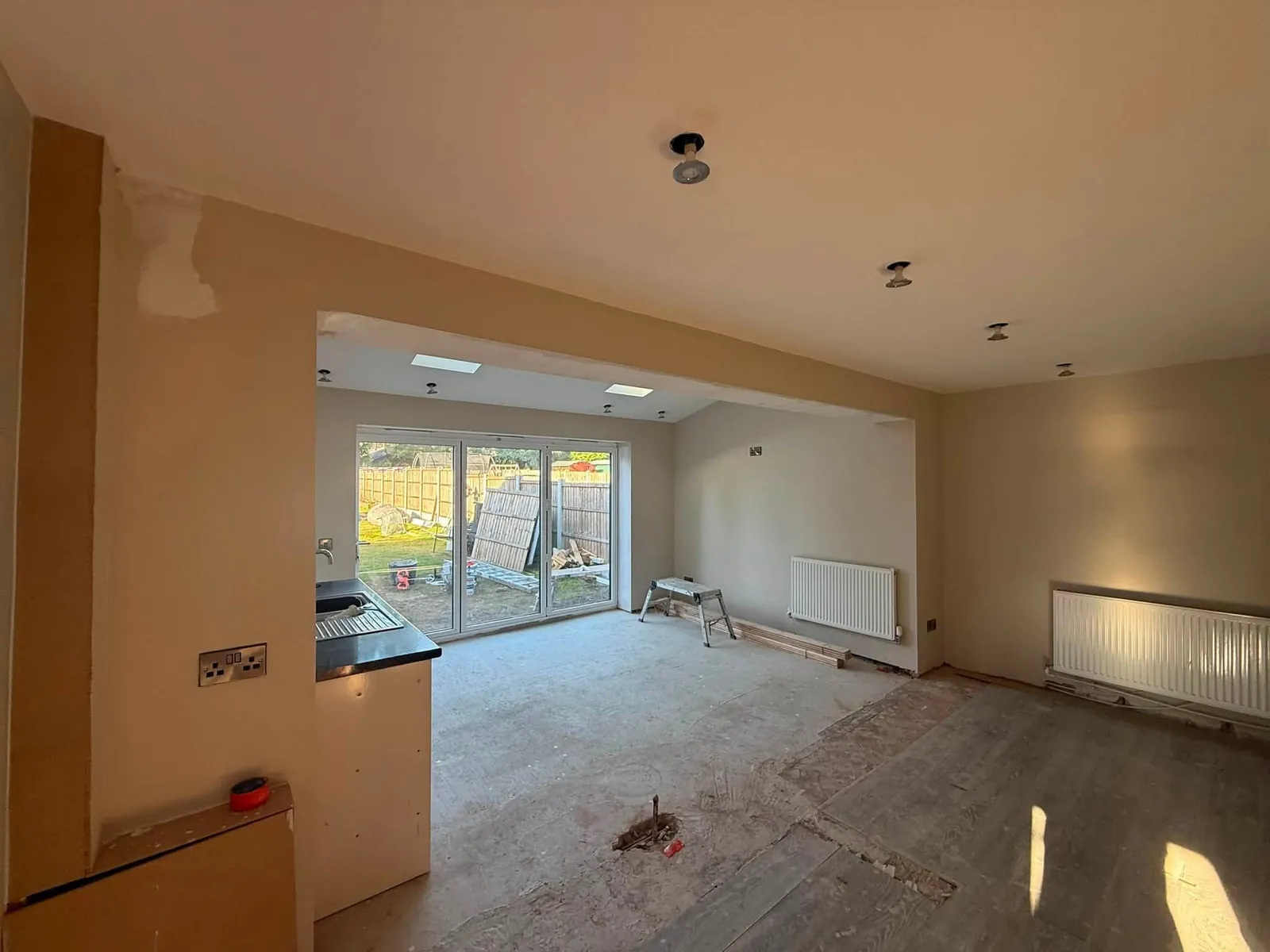 Sherwood extension interior progress with open-plan space and rear doors in Nottingham NG5