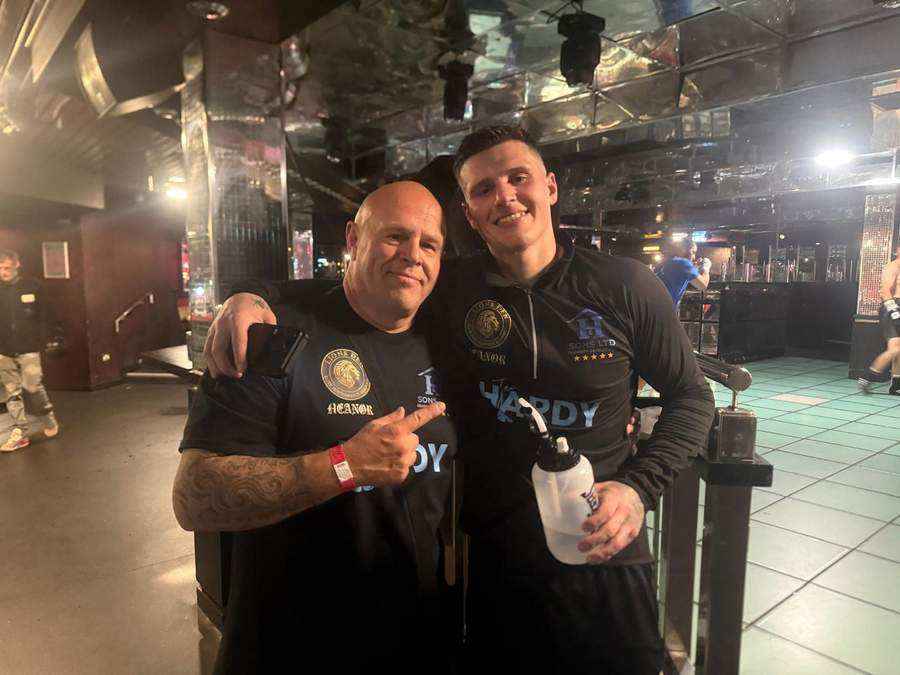 Brendan Hardy with Kade from Team Hardy wearing sponsored boxing apparel